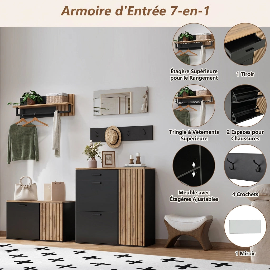 Set mobili da ingresso 5 pezzi; panca scarpiera da ingresso e armadietto; specchio e ganci; mobile da ingresso legno e nero
