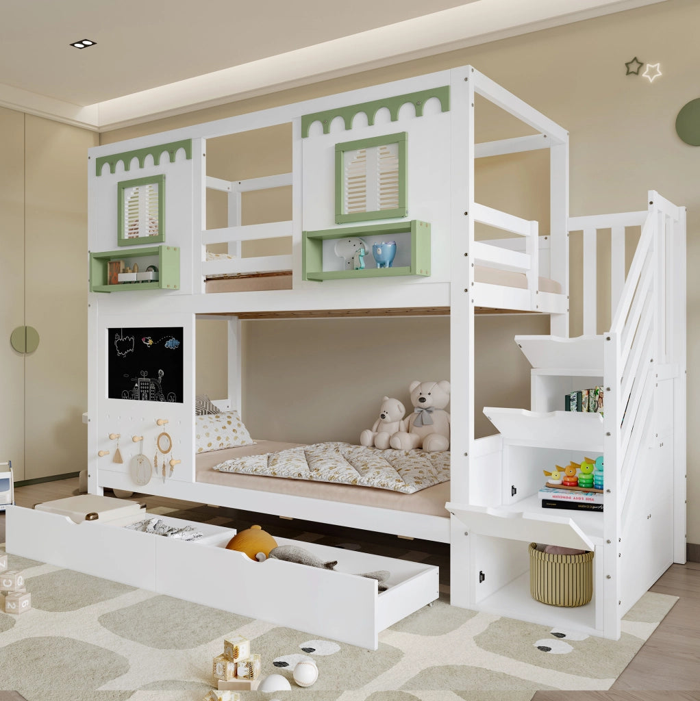 Letto a castello 90x200 cm bianco e verde in legno e MDF con scala contenitore