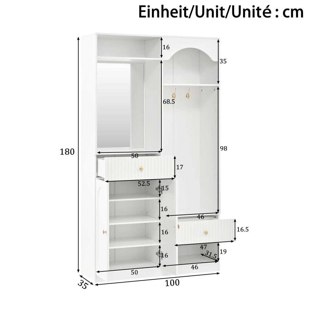 Guardaroba compatto bianco con specchio, panca e LED multicolore, con spazio per scarpe e appendiabiti 100x35x180 cm