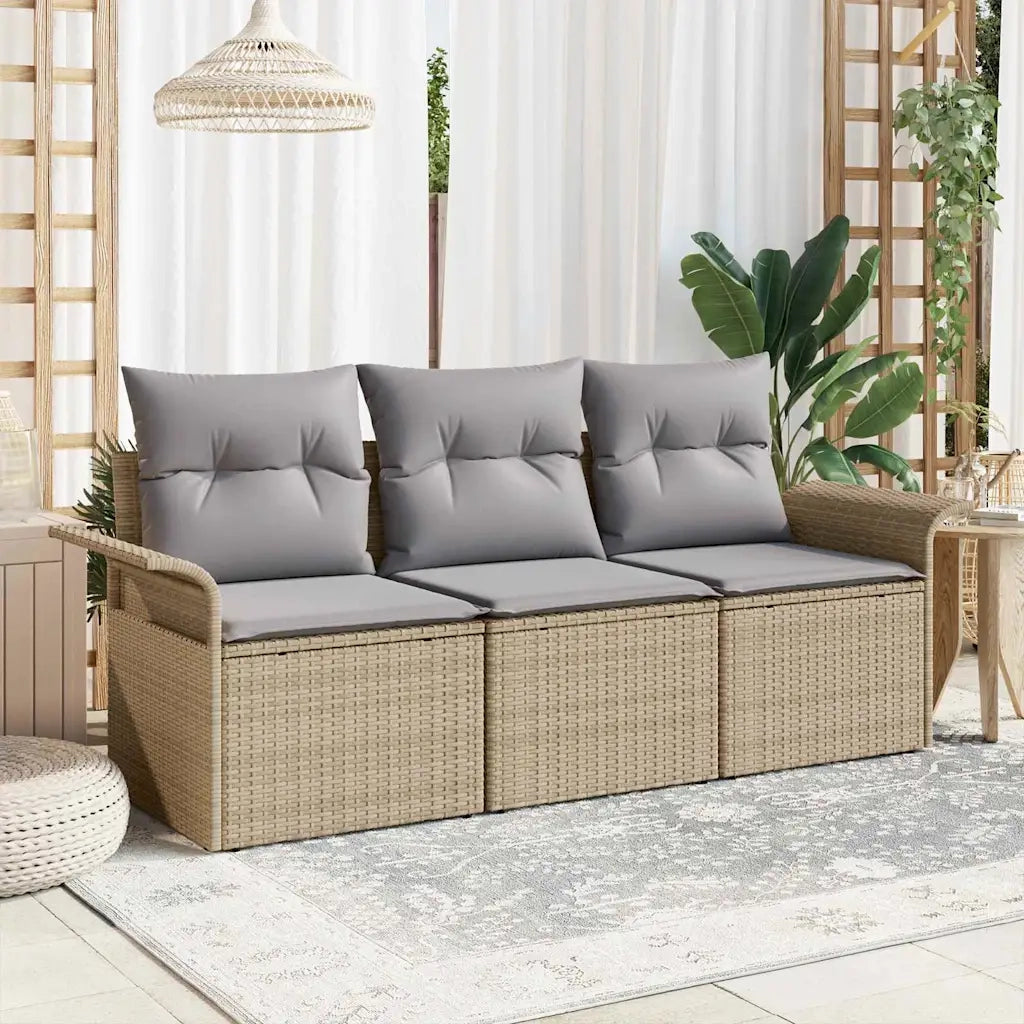Set Divano da Giardino con cuscino 3 pcs Beige Poly Rattan