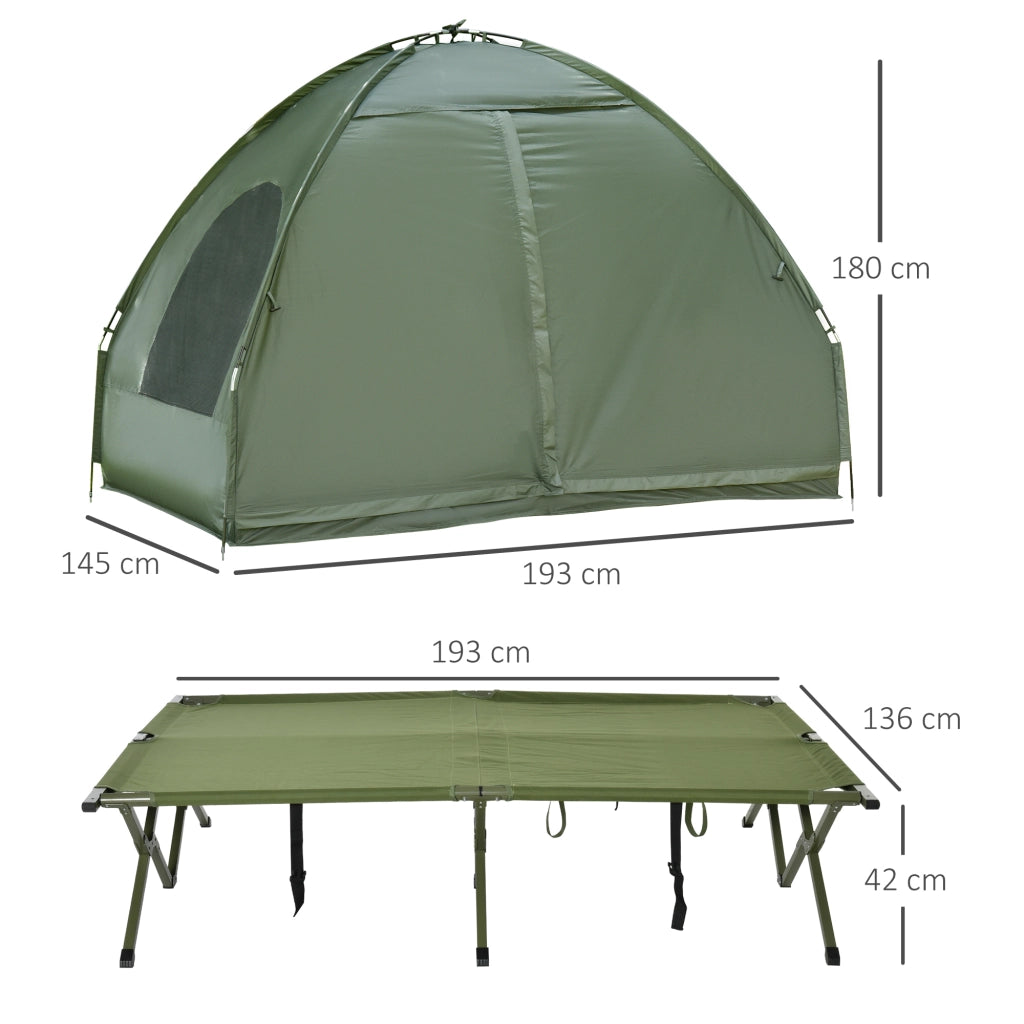 Set da campeggio per 2 persone con tenda; brandina rialzata; materasso ad aria e pompa; verde