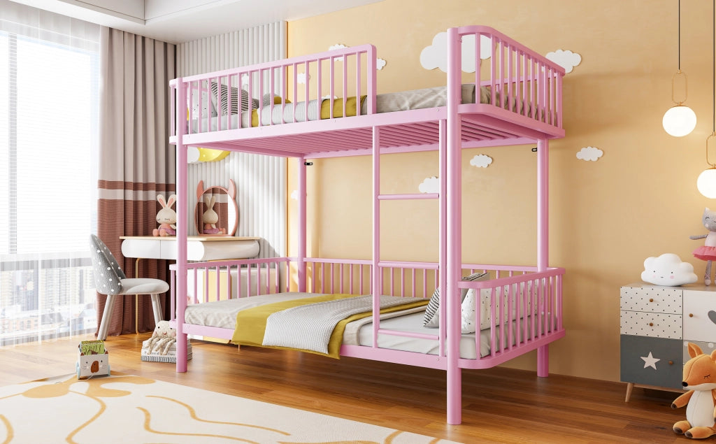 Letto a Castello in Metallo 90x200 cm con Angoli Arrotondati e Sponde di Sicurezza, Nero e Rosa