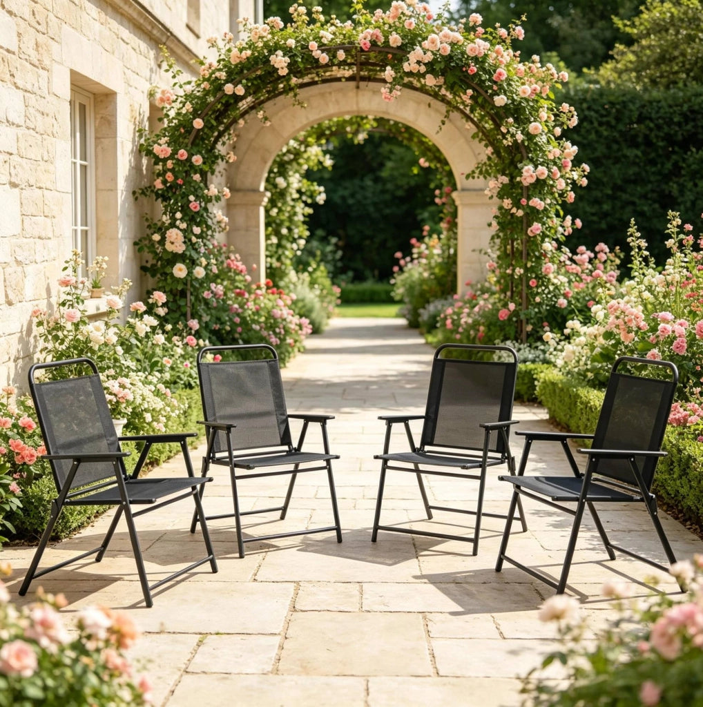 Set di 4 Sedie Pieghevoli da Giardino con Schienale Alto e Braccioli, Telaio in Acciaio Nero, 65x60x94 cm