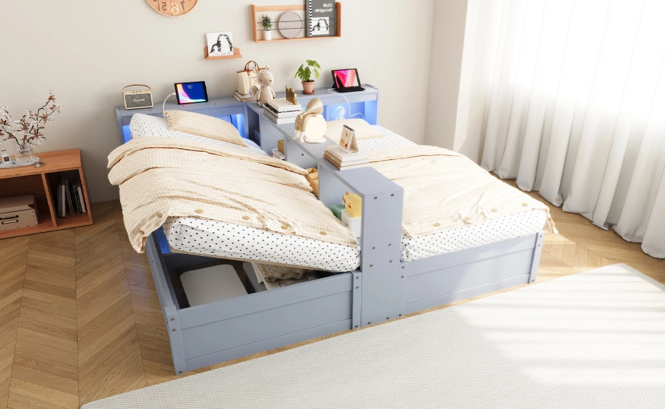 Divano Letto 90/180×200 cm in Legno con Spazi di Stoccaggio, LED e Presa Elettrica Integrata, Grigio