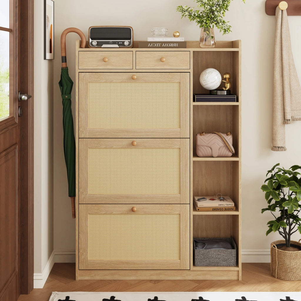 SCARPIERA Salvaspazio 90x24x130 cm in Truciolare Naturale, 3 Vani a Ribalta, 2 Cassetti