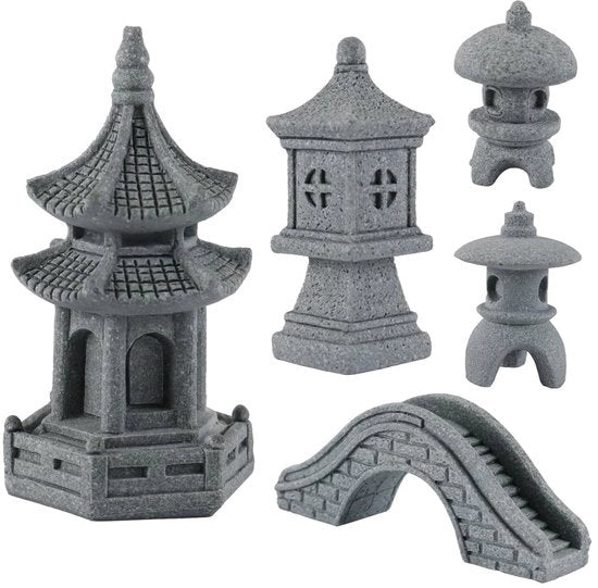 Set di Sculture Pagoda in Legno di Qualità Museale - UV-Resistente - Decorazione per Bonsai Miniaturo - Materiale Non Poroso