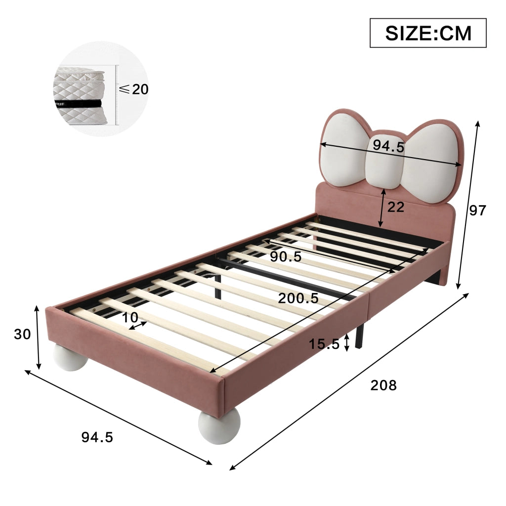 Letto singolo 90x200 cm in velluto rosa con testiera a fiocco e LED