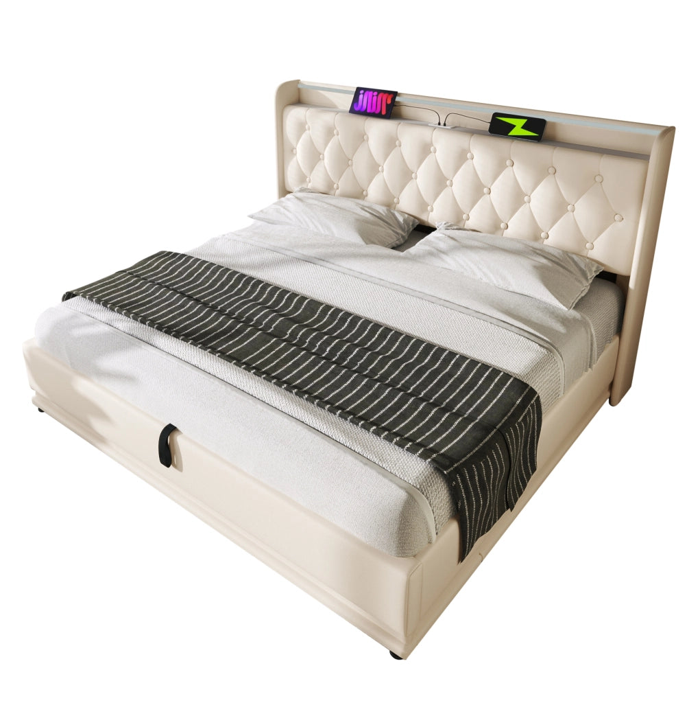 Letto matrimoniale 140x200 cm con contenitore idraulico, LED 360Â° e rivestimento in PU bianco