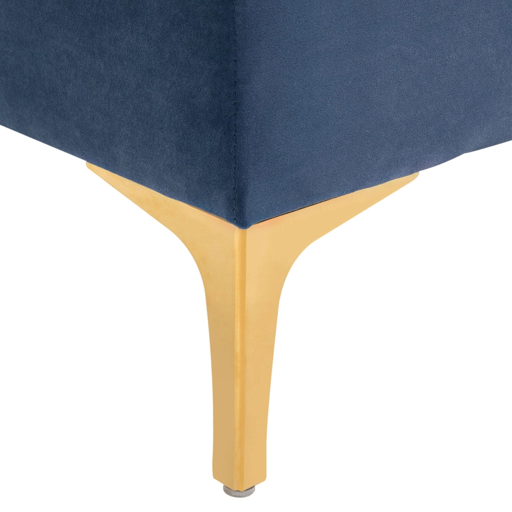 Panca imbottita multifunzione con seduta capitonne e piedi metallici in velluto blu e oro 118×45×42 cm