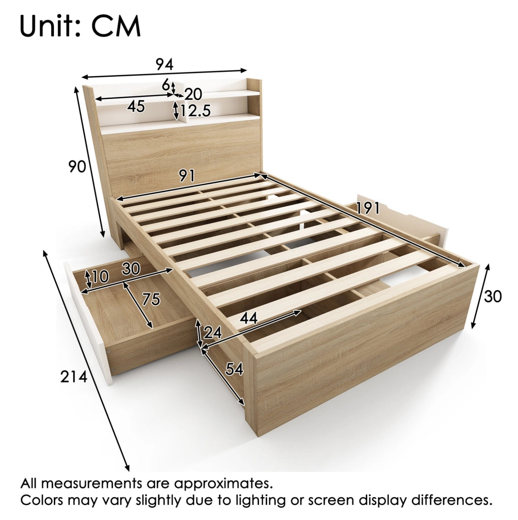 Letto 90x190 cm con ripiani testiera e 2 cassetti in legno bianco e rovere