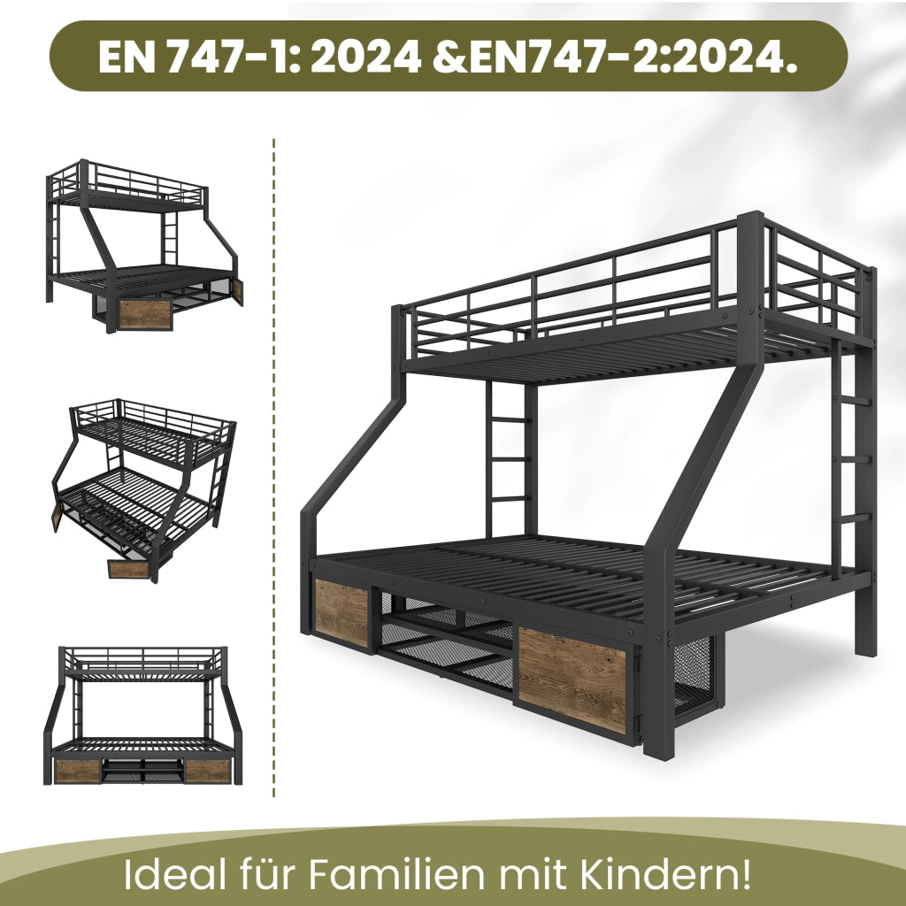 Letto a castello 3 posti 90×200 cm e 140×200 cm con scarpiera e vani; senza materasso; in metallo nero