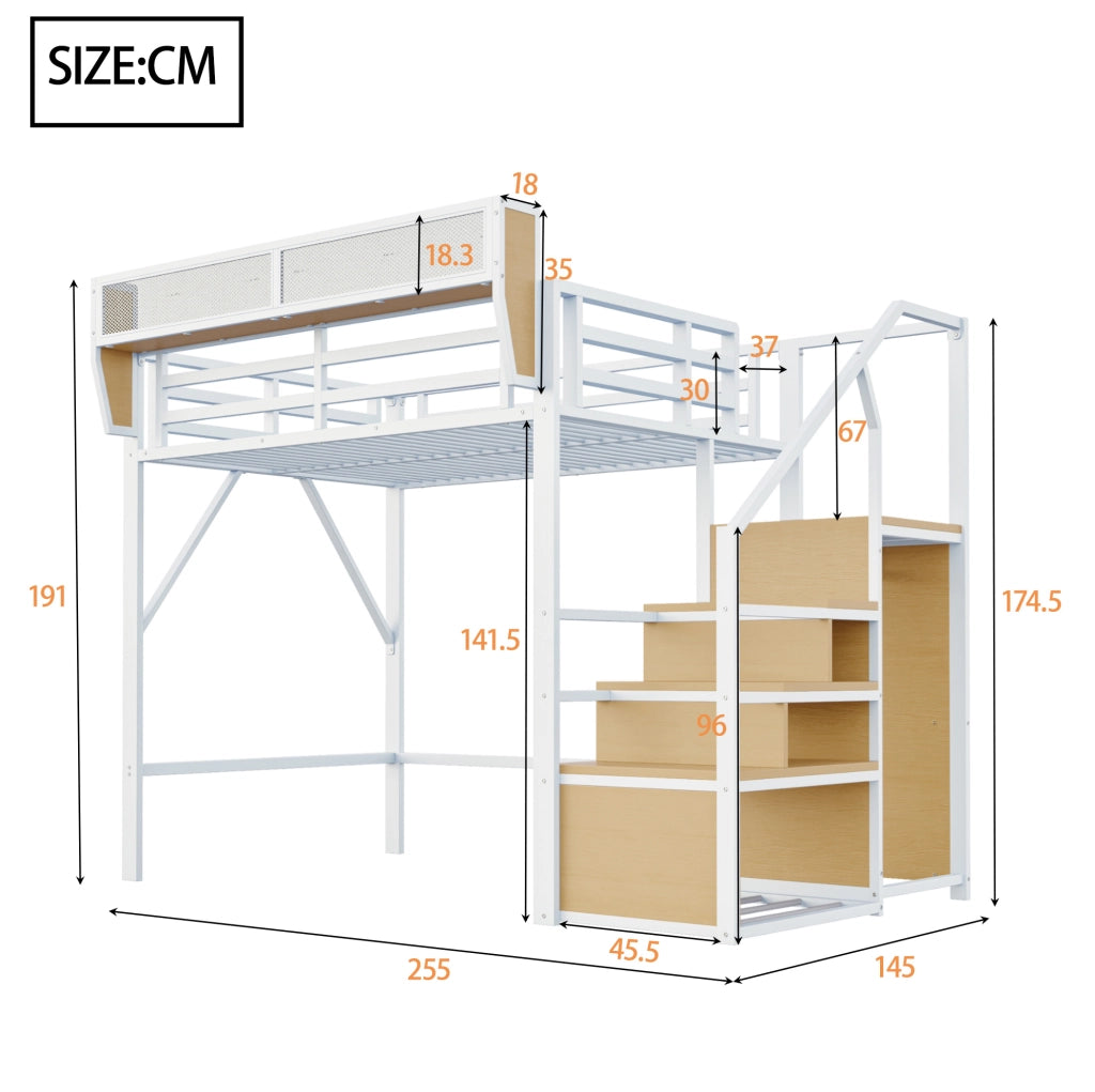 Letto a soppalco 140x200 cm in metallo con scaletta di sicurezza e ripiano modulabile, bianco