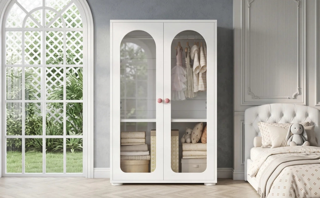 Set 2 Armadi Bambini, 160x50x120 cm, MDF Laccato Bianco con Frontali in Acrilico, Mensole Regolabili, Maniglie in Ceramica Rosa