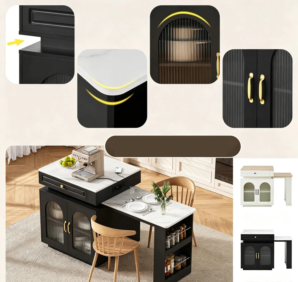Isola Cucina Mobile con Ruote 128-200x71x92 cm; Tavolo Estensibile con LED; Prese Elettriche; Vetrine e Cassetto; Nero