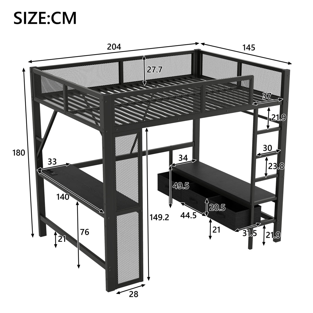 Letto a Soppalco 140x200 cm con Scrivania; Armadio; LED; USB; Scala e Sponde; Nero
