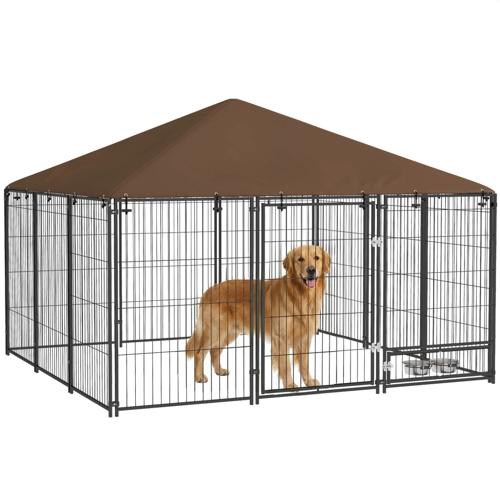 Recinto per Cani in Metallo e Tessuto Oxford con Porticina per Ciotole, 211x211x151 cm, Nero e Marrone