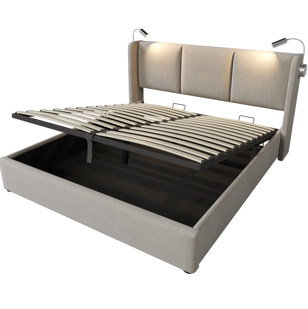 Letto con contenitore sollevabile; lampada da lettura e ricarica integrata; Acacia Wood