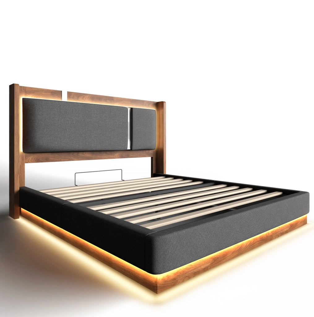 Letto imbottito 140x200 cm con LED e contenitore idraulico, grigio e noce
