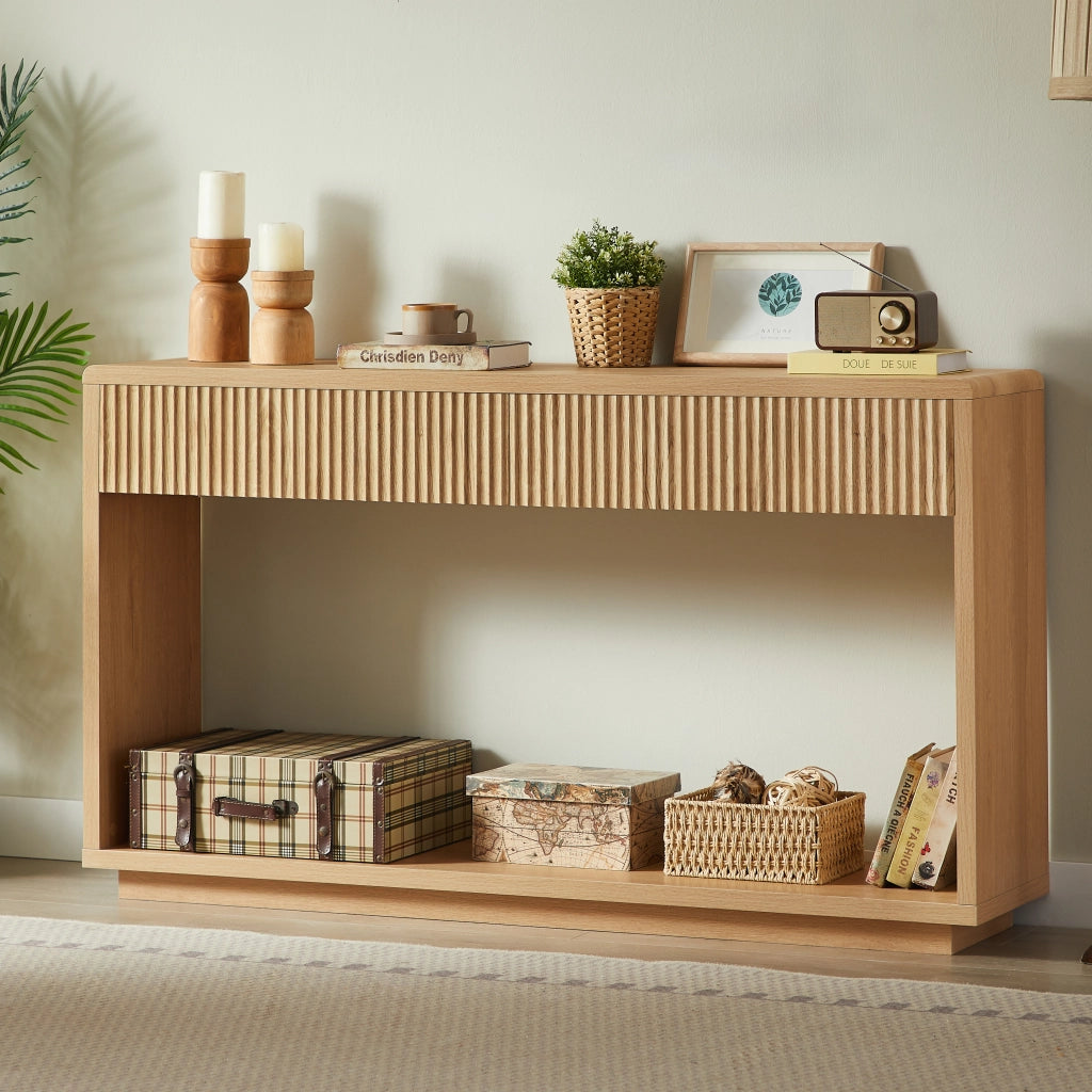 Consolle con 2 cassetti e vano aperto inferiore in pannelli truciolari e MDF naturale 150 × 35 × 85 cm