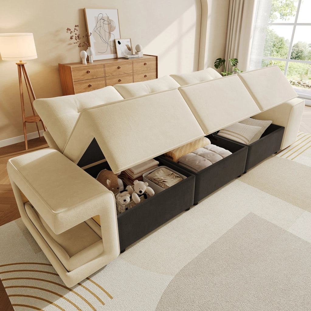 Divano modulare 3 posti in velluto beige con braccioli larghi, area per animali integrata, spazio contenitore e due cuscini