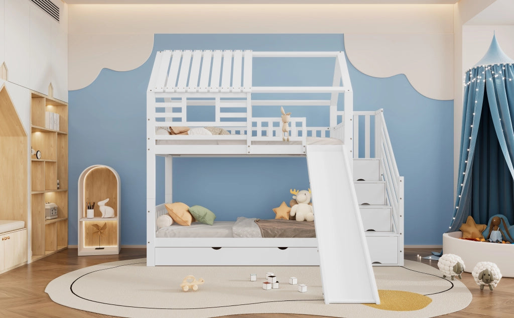 Letto A Castello A Casetta 90x200 Cm Con Scala E Scivolo; Legno Di Pino E MDF; Bianco