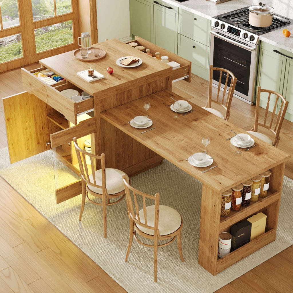 Isola da cucina con tavolo estraibile LED controllabile tramite app e telecomando in MDF colore legno 122-195 cm