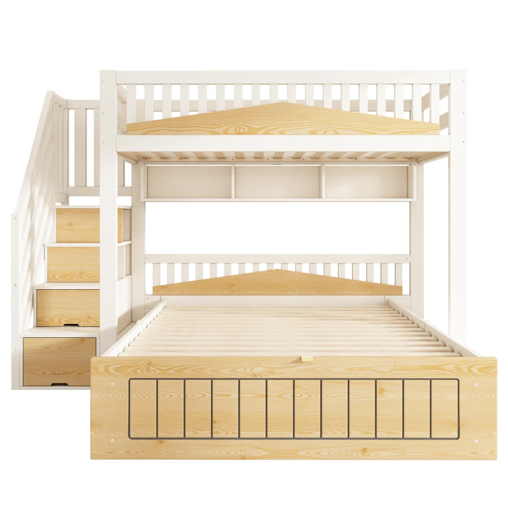 Letto a castello sfalsato 90x200 e 140x200 con contenitore; scala e USB-C; bianco e naturale