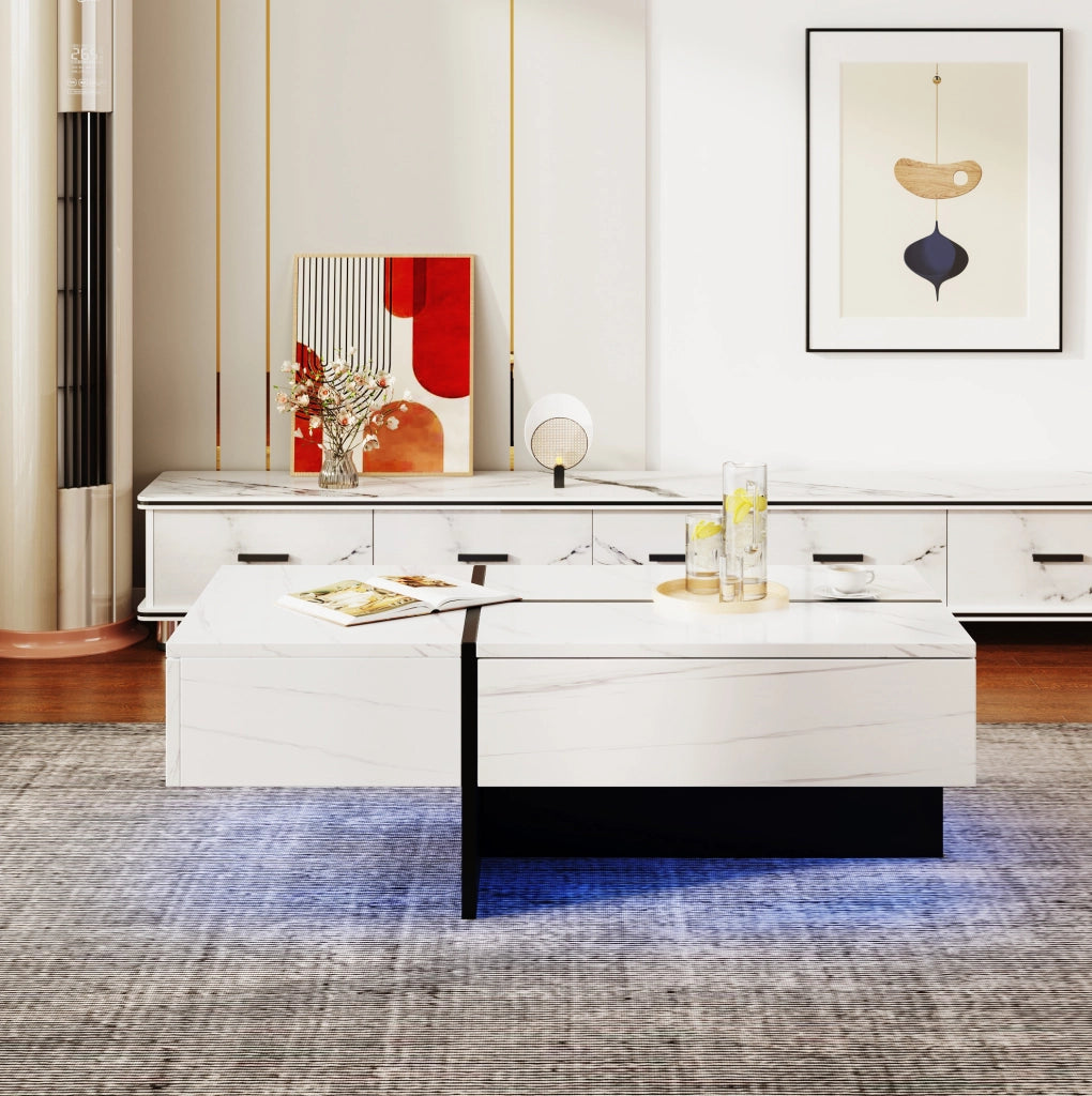 Tavolino da salotto in truciolato con finitura lucida effetto marmo bianco, 100x50x34,5 cm, con sistema di illuminazione LED controllabile via app, colore nero