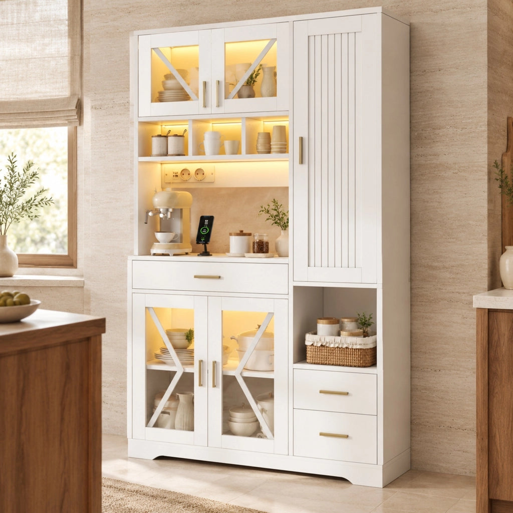 Credenza alta 105x40x185 cm con vetrina; LED multicolore e prese USB in MDF bianca