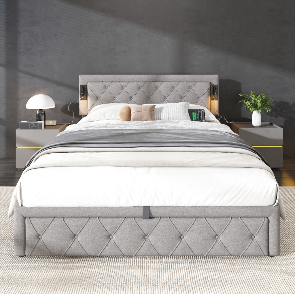 Letto imbottito con contenitore, LED e USB, grigio