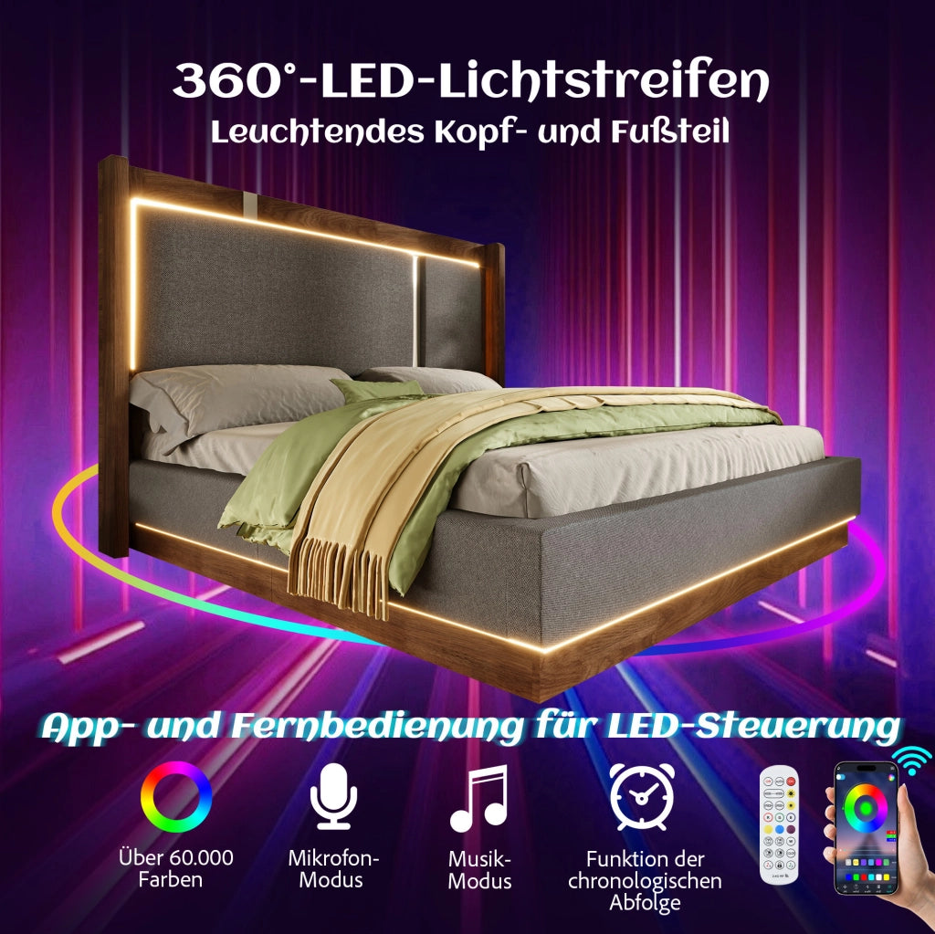 Letto singolo 90x200 cm con testiera imbottita in lino grigio, contenitore con sistema idraulico, LED integrati e rete a doghe in legno e metallo