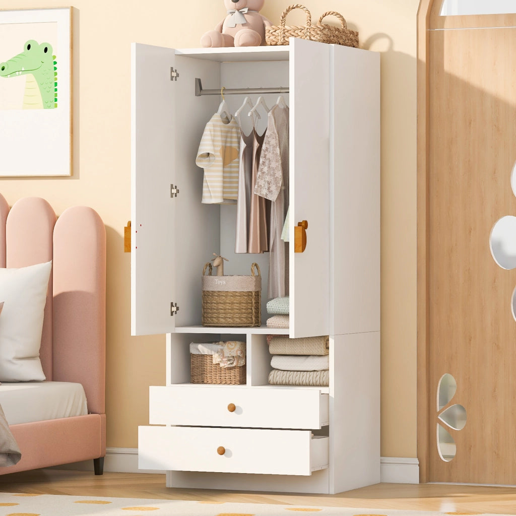 Armadio con 2 ante; 2 cassetti e vani interni - per camera da letto - in MDF - bianco
