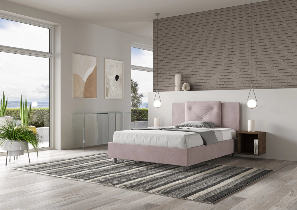 BS COM Letto matrimoniale francese con rete imbottito 140x190 microfibra glicine