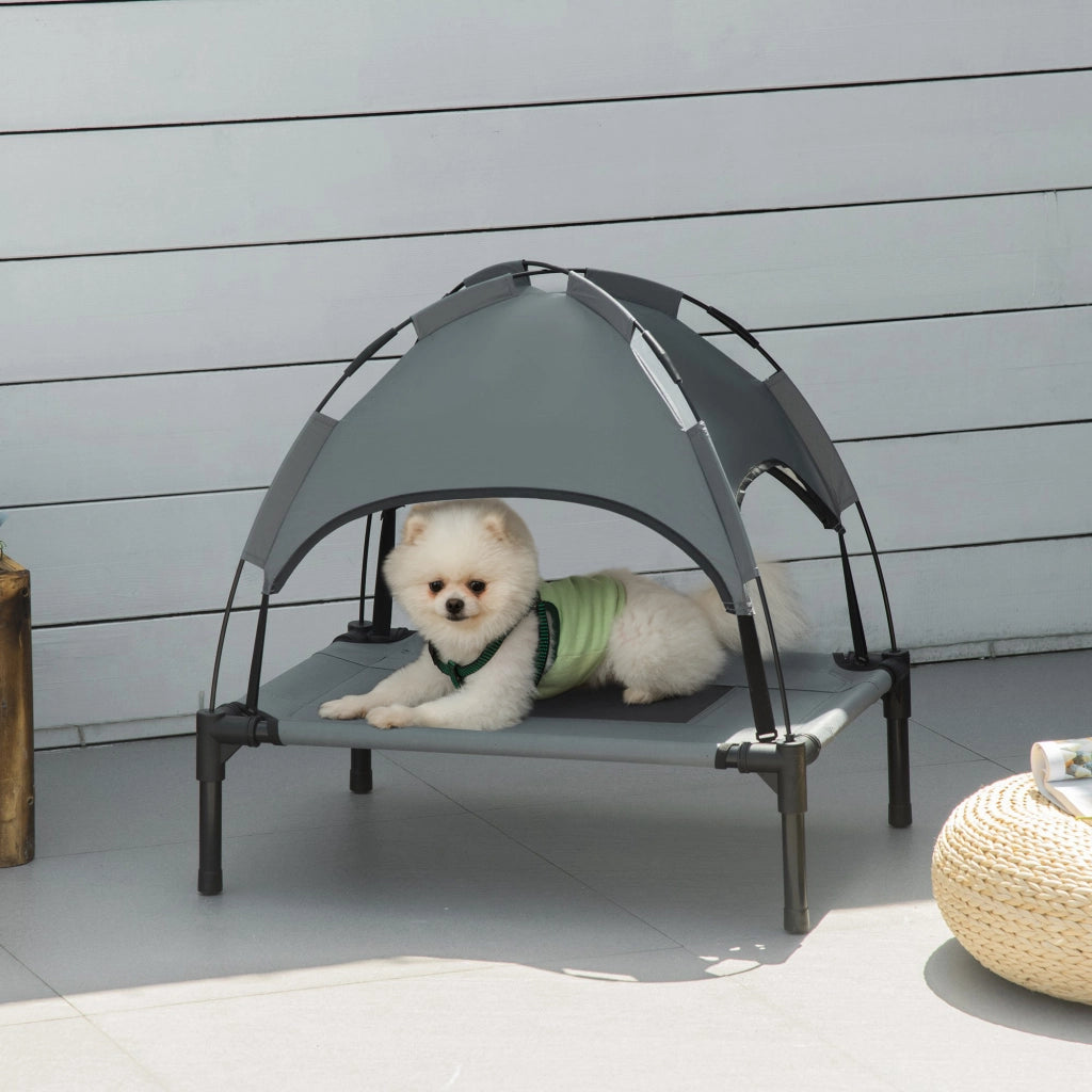 Lettino Rialzato per Cani con Tettuccio Parasole Brandina per Esterno e Campeggio Traspirante Grigio 61 x 46 x 62 cm