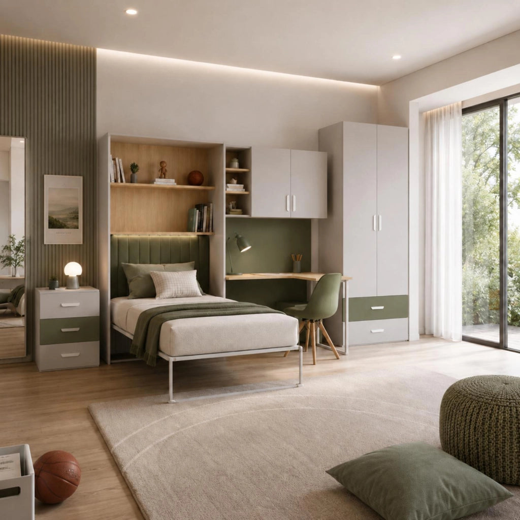 Cameretta Moderna Con Letto A Scomparsa Scrivania Armadio E Cassettiera Composizione Salvaspazio In Melaminico Per Bambini Ragazzi E Ospiti 133 X 208.5 X 45-216 Cm Cashmere E Verde