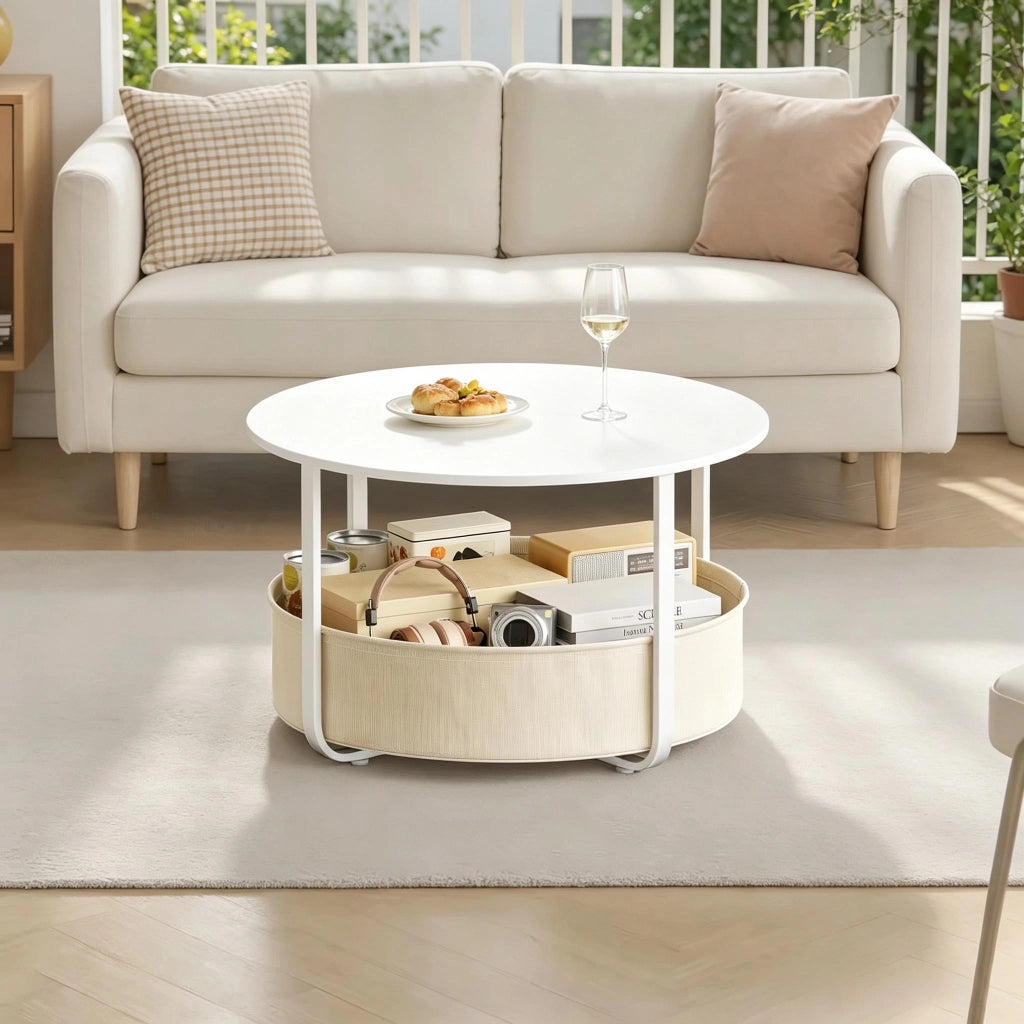 Tavolino basso fisso rotondo con cesto in tela rimovibile struttura in metallo beige e bianco Ø 80 × 50 cm