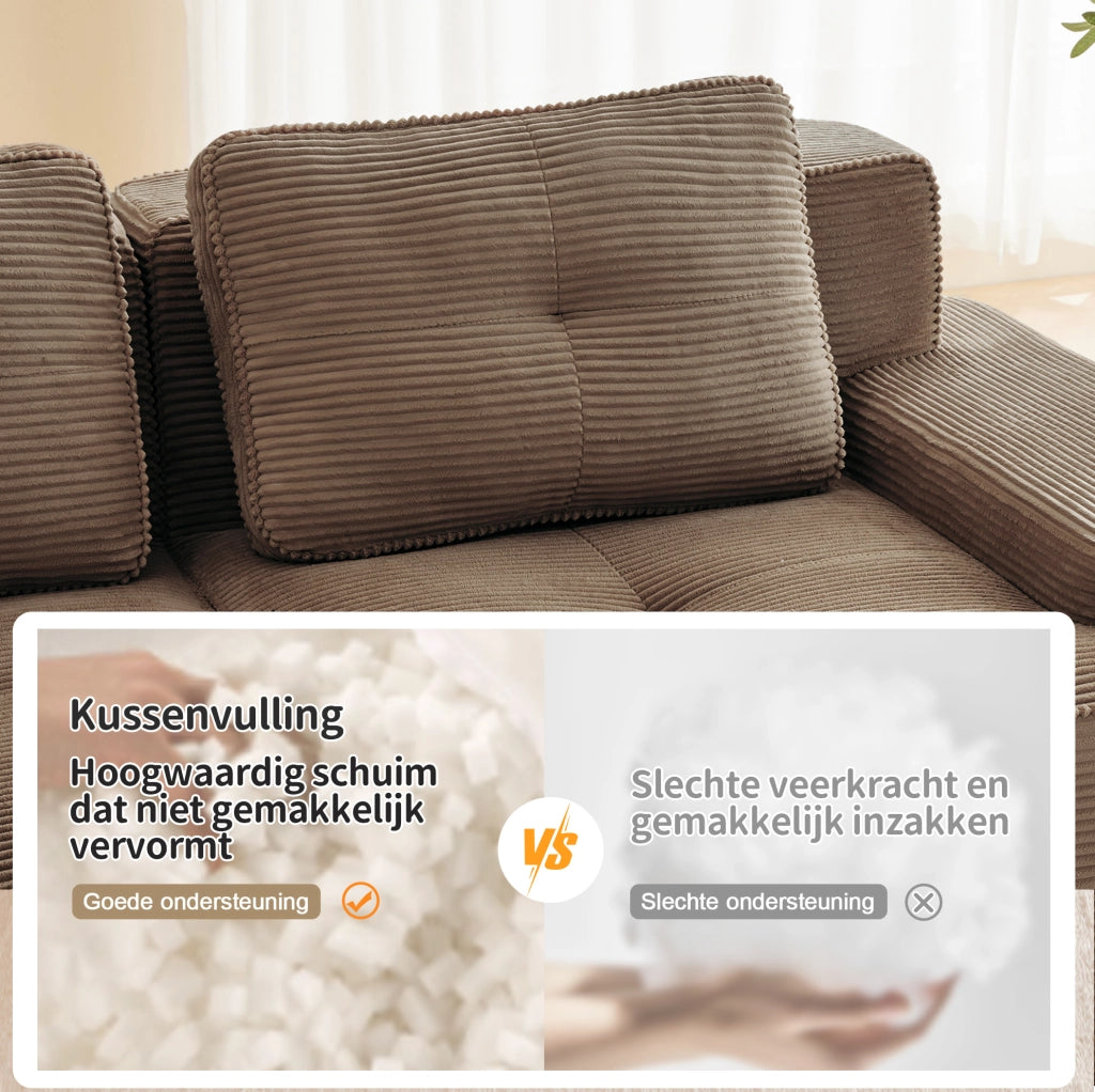 Divano modulare a U in velluto côtelé marrone, 3 posti senza struttura, con pouf, comfort cloud per soggiorno