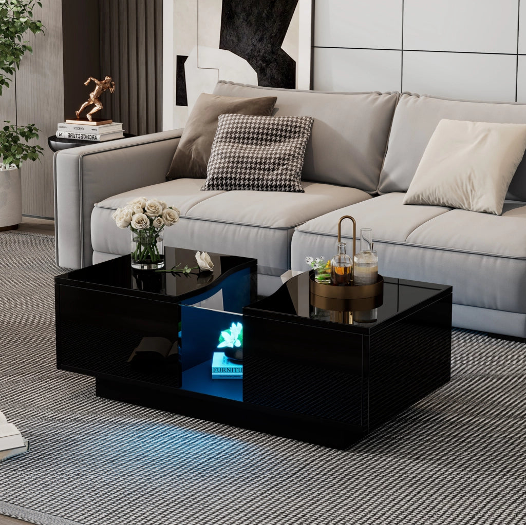 Tavolino da caffè LED 100x50x35 cm con 2 cassetti in MDF e acrilico; nero lucido