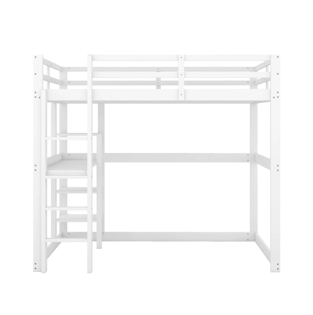 Letto a soppalco 140x200 cm con scrivania e 4 ripiani in pino e MDF; bianco antico