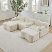 Divano panoramico modulare a 3 posti con 2 pouf in velluto beige configurabile a U o L con seduta profonda