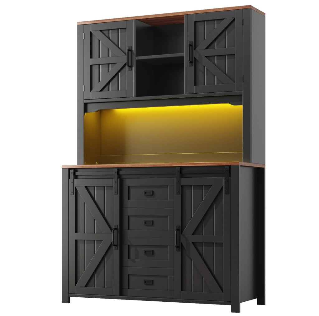 Mobile da cucina 115x40x174,7 cm con ante scorrevoli e illuminazione LED a colori, struttura in MDF, nero/bianco