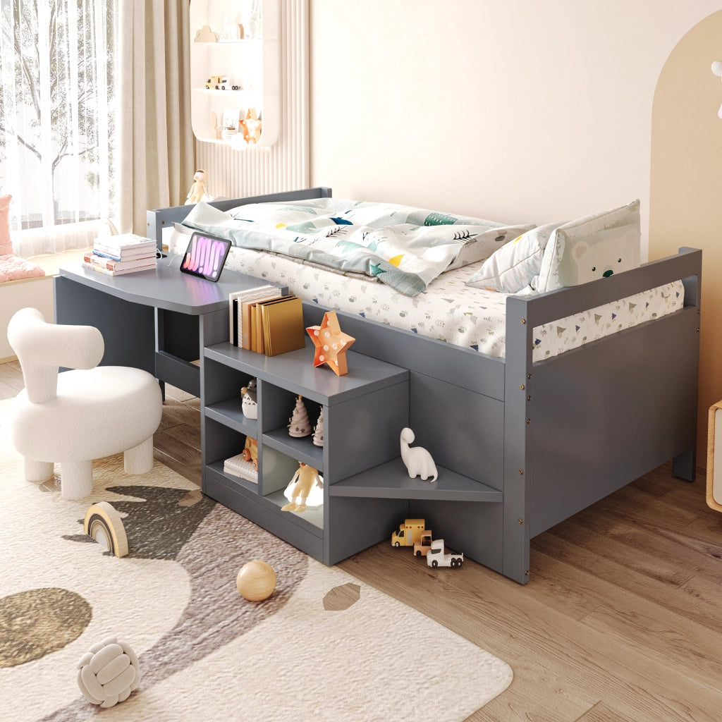 Letto multifunzionale per bambini 90 × 200 cm con scrivania contenitori prese USB gradini grigio in legno