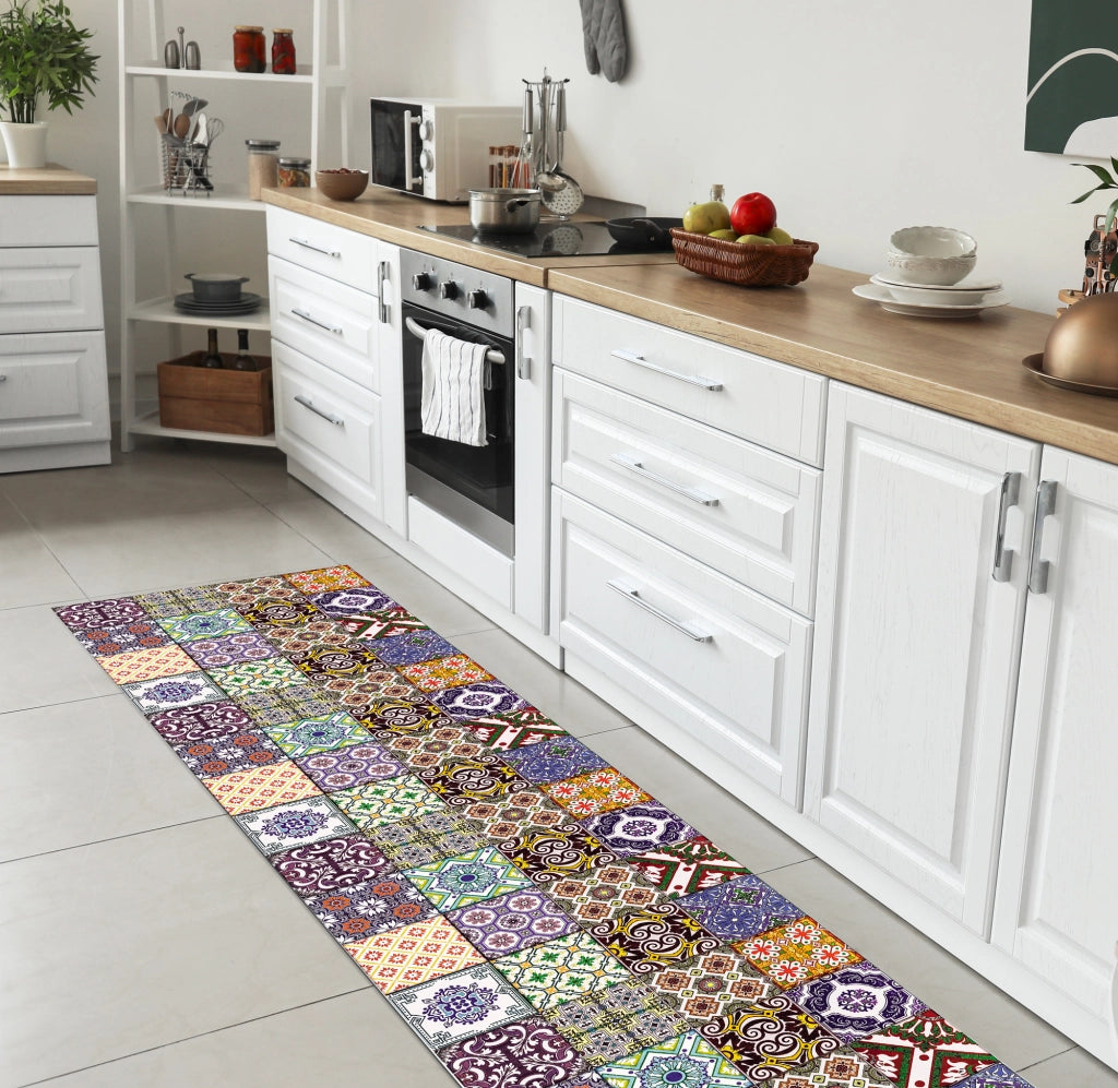 Tappeto passatoia fantasia made in Italy antiscivolo lavabile aderente Fantasia Maiolica , Piastrelle 418 - 50x100cm