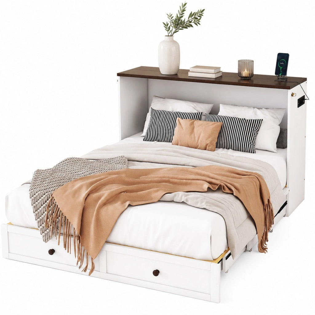 Letto matrimoniale trasformabile 140 × 200 cm con cassetto ripiano USB e presa in pino e MDF bianco