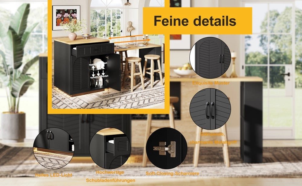 Isola Cucina con Luce LED e Tavolo Estraibile ¨C Xylo ¨C 2 Cassetti, 4 Ante, Nero/Bianco