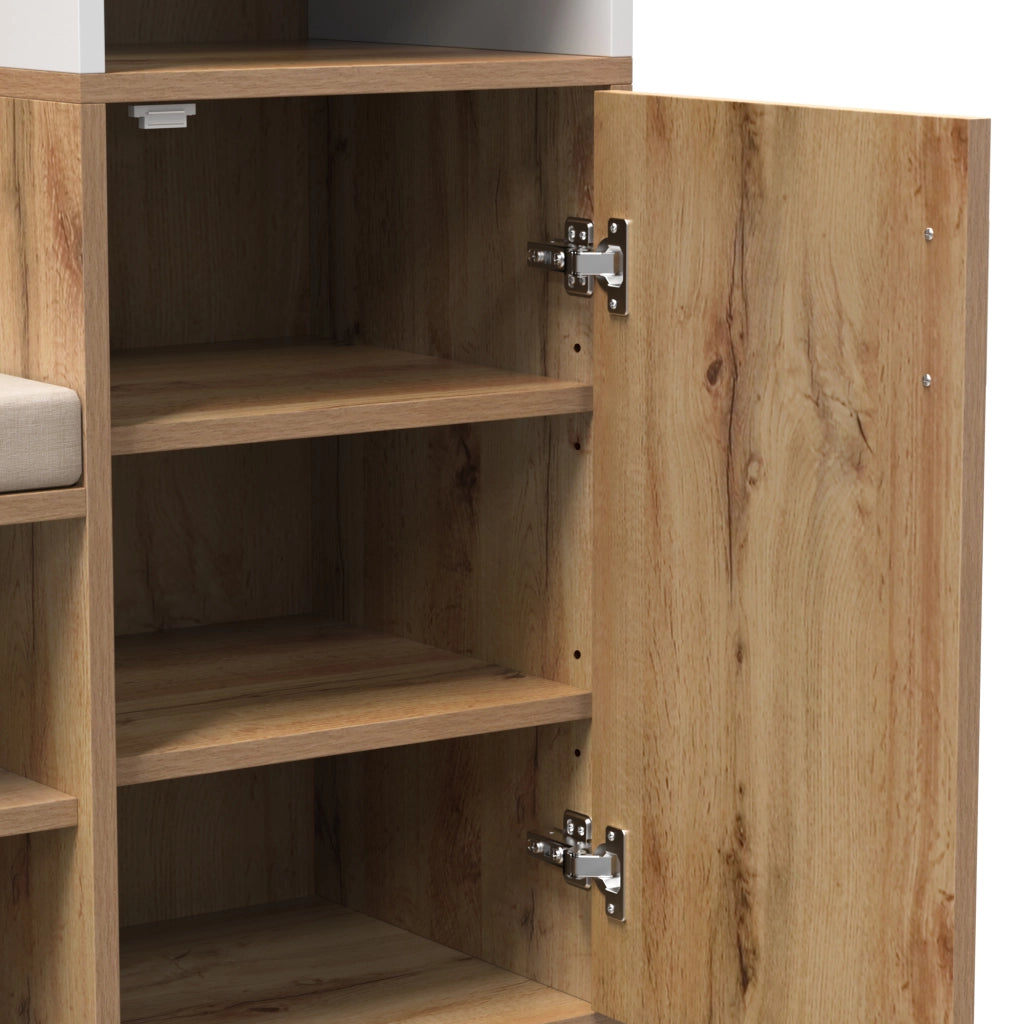 Mobile da ingresso con specchio, panca, 2 vani per scarpe, 4 ganci e barra, bianco e legno, 105 × 40 × 190,5 cm