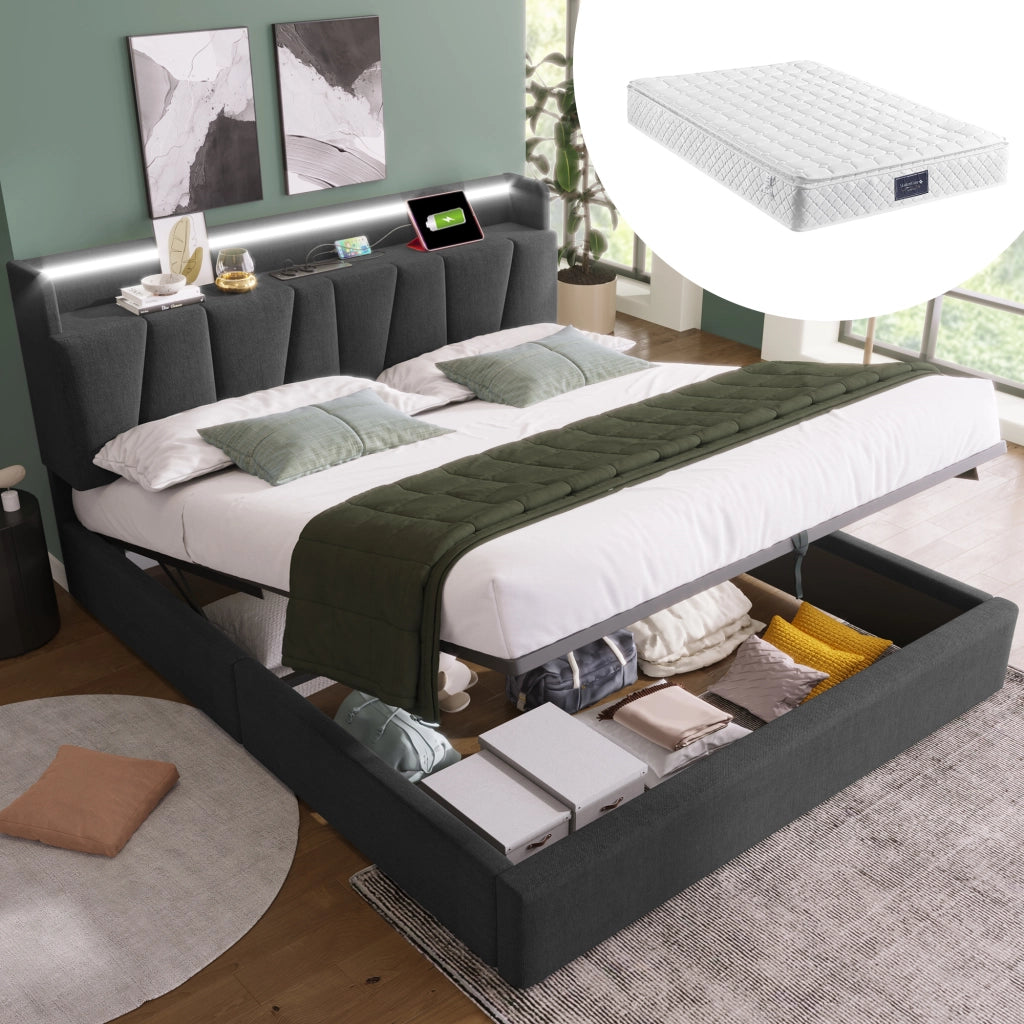 Letto contenitore 140 × 200 cm con testiera portaoggetti; prese USB e Type-C; LED RGBW; lino grigio