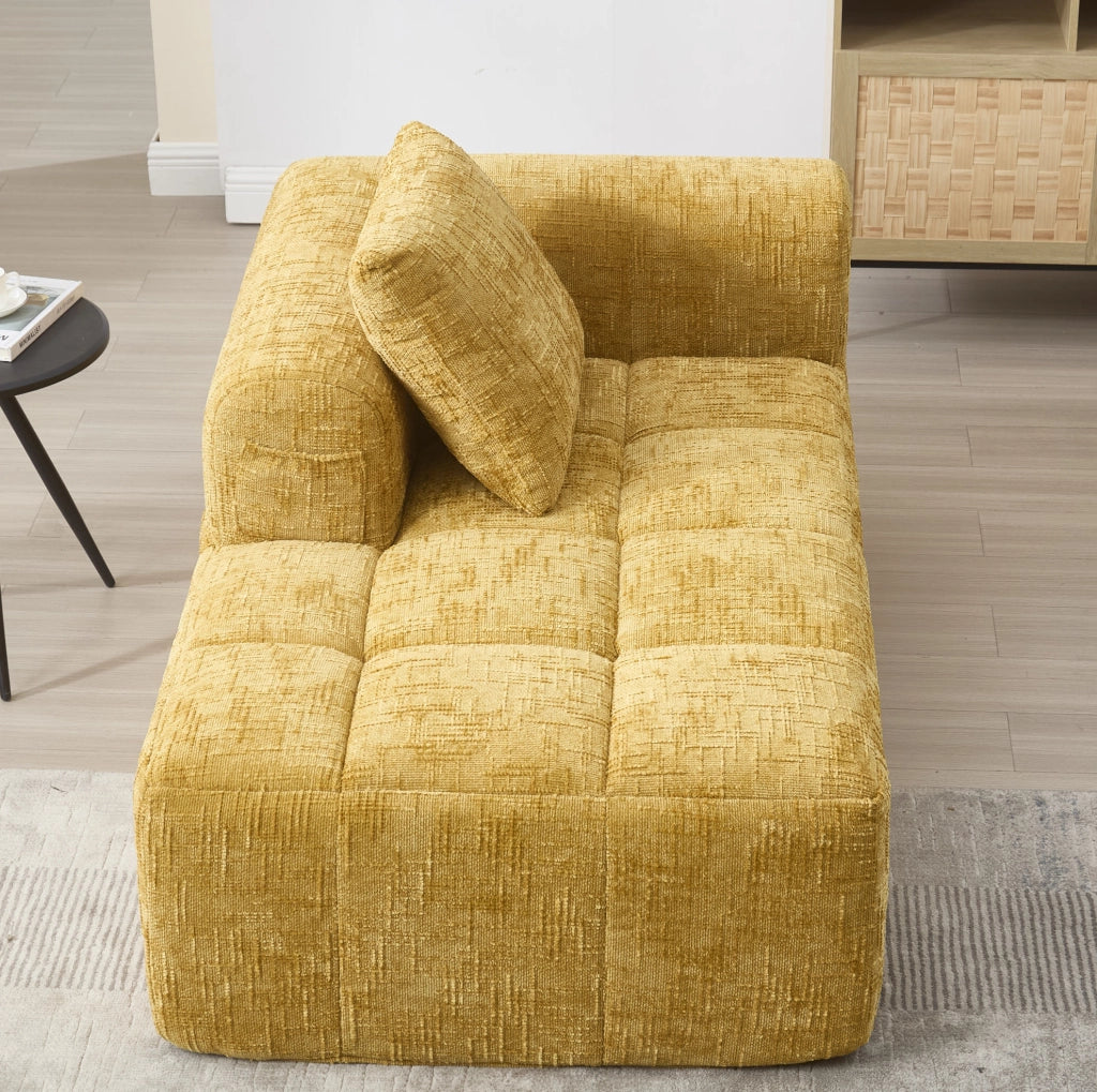Divano chaise longue in ciniglia giallo con tasche laterali e cuscino