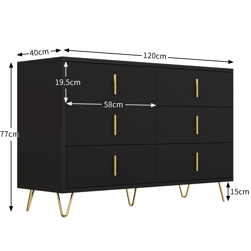 Credenza moderna con 6 cassetti e superficie ondulata, per soggiorno e sala da pranzo, nero e oro, 120 × 40 × 77 cm