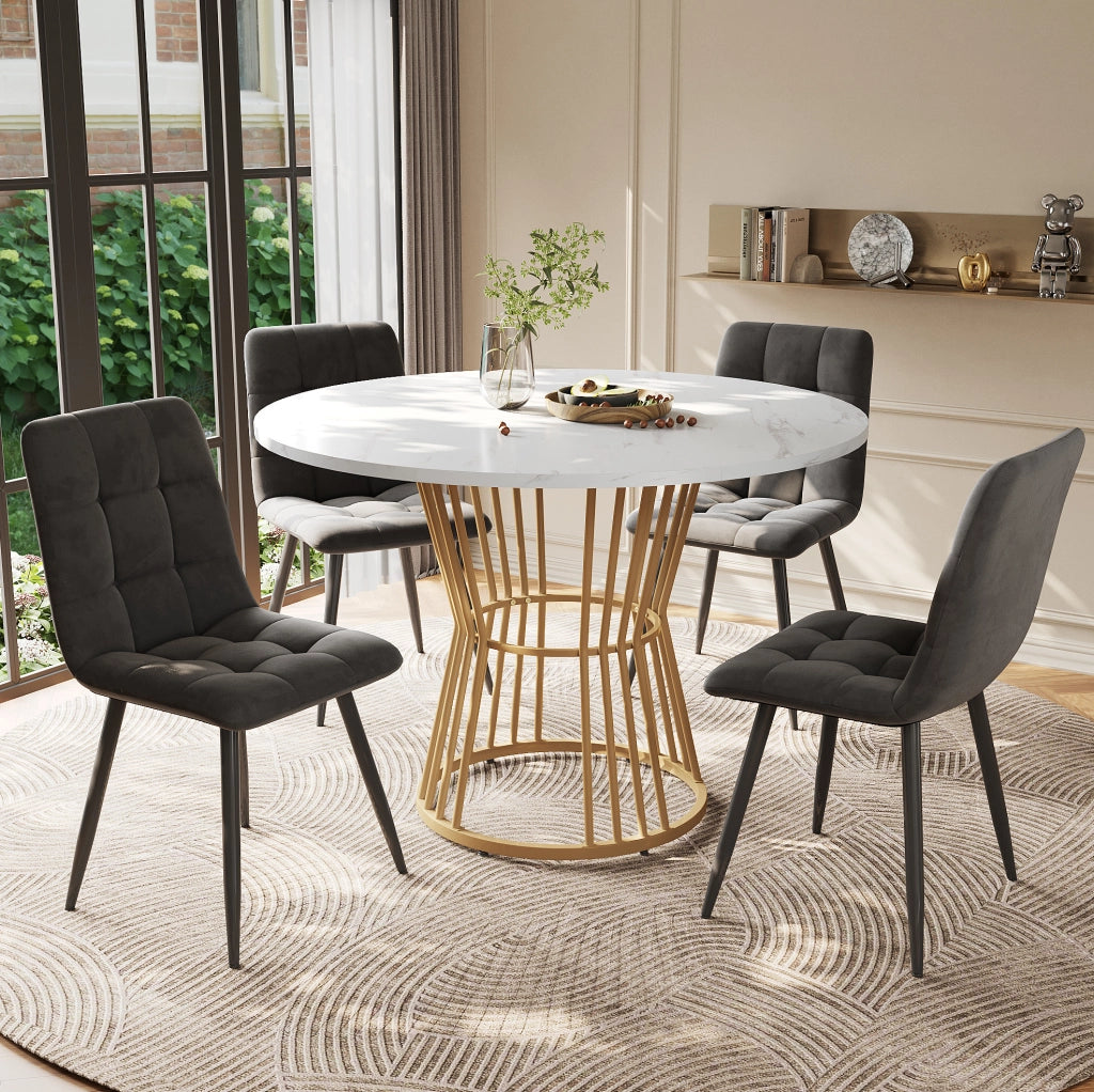 Set tavolo da pranzo rotondo con 4 sedie in velluto; ? 100 cm; piano MDF effetto marmo